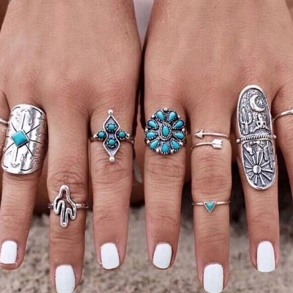 9pc BOHO RING SET Turquoise SILVER arrow southwest - Picture 5 of 7